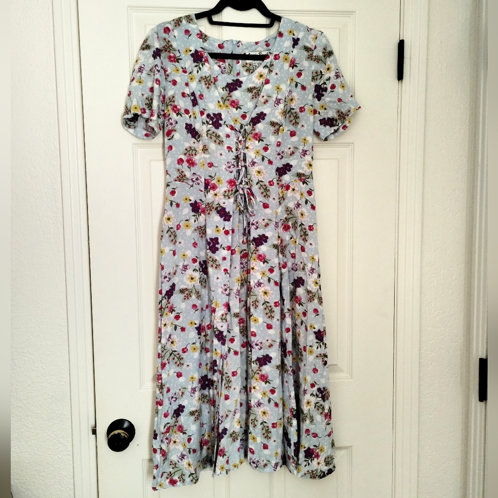 Vintage Jamie Brooke 90s Floral Lace Up Midi Dress Blue Size 10 Women's Cottage